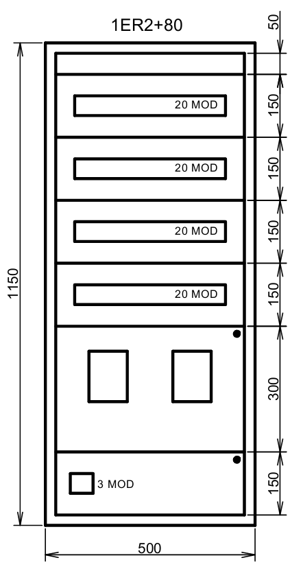 Elektroměrová rozvodnice 1ER2+80 s podružným jištěním max. 4x20 modulů