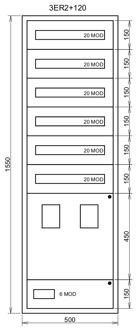 Elektroměrová rozvodnice 3ER2+120 s podružným jištěním max. 6x20 modulů
